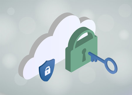Cloud Authentication, Password Manager Services concept. 3D isometric illustration - security icon with cloud, padlock with keyhole and keyのイラスト素材
