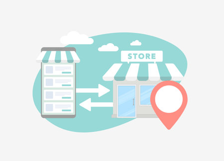 Online to offline - O2O ecommerce concept. Pickup, fitting and checking online order from an offline store. Mobile shopping and mall store building retail marketing strategyのイラスト素材