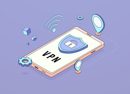 VPN connection concept. Virtual private network application. Mobile security internet connection - vpn network sign on the smartphone screen. Flat design outline isometric vector illustrationのイラスト素材