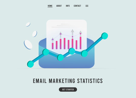 Email Marketing Statistics landing page template illustration. E-mail digital marketing statistics. B2B, B2C email stats for retention strategy and revenue generator.のイラスト素材