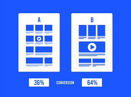 AB testing concept illustration. Split test conversion comparison. A-B websites with a different web development UI interface on the screen and conversion percent. Flat vector illustrationのイラスト素材