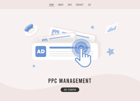 PPC Management - Pay per Click digital marketing concept. Managing PPC advertising strategy. Flat design vector e-commerce landing page template.のイラスト素材