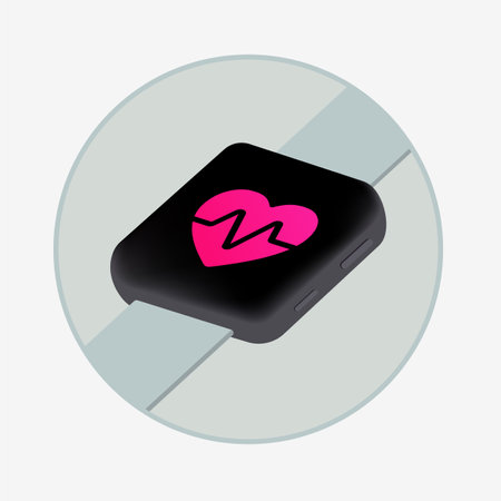 Smartwatch with pink heart icon on the screen. Heart rate variability, health care round vector icon. Smart watch fitness tracker that record the pulse and pressureのイラスト素材