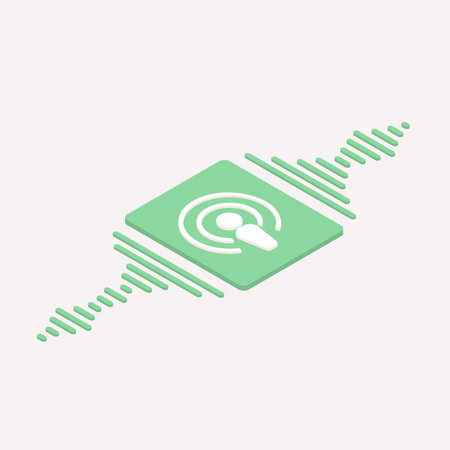 Podcasting isometric logo with sound waves radiating away from the podcast mobile streaming applications icon sign.のイラスト素材