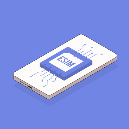 eSIM - Embedded SIM concept illustration. Isometric smartphone with esim card microchip logo on the screen. Vector illustrationのイラスト素材