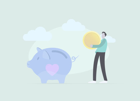 Male character puts coin int a pink piggy bank. Deposit, donation, investment and savings money concept vector flat illustrationのイラスト素材