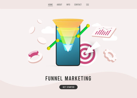 Funnel Marketing - consumer-focused digital marketing concept illustration with sales funnel. Generating new leads, increase monetization strategy flat design e-commerce landing page templateのイラスト素材