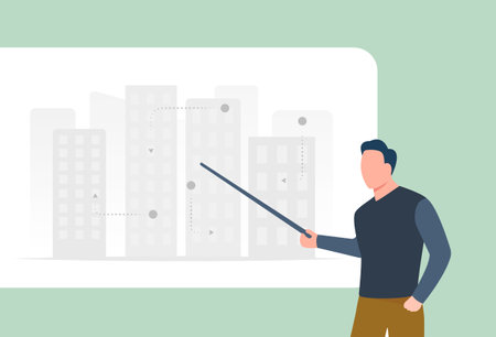 Man giving lecture on urban planning or architecture, pointing to different building designs on board. Emphasizing importance of sustainable and livable city planning.のイラスト素材
