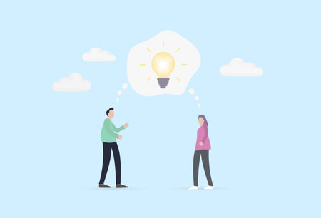 Man and woman standing together with lightbulb lit above their heads, representing the spark of common idea invented. Illustration captures the moment of inspiration, collaboration and innovationのイラスト素材