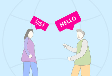 Man and woman greeting, speaking different languages - hello in English and Chinese. Emphasizing cultural exchange and importance of understanding and respecting diverse languages and culturesのイラスト素材