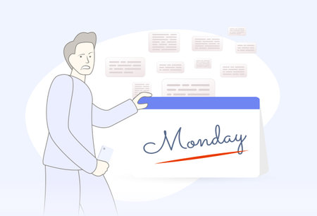 Upset man holding phone and calendar with the inscription Monday, representing the start of new work week and overwhelming pressure of business messages. Stress and burnout of modern work lifeのイラスト素材