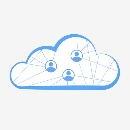 Illustration of cloud symbolizing cloud data and people icons inside, connected by lines, representing collaboration and teamwork in the workplace facilitated by cloud technology.のイラスト素材