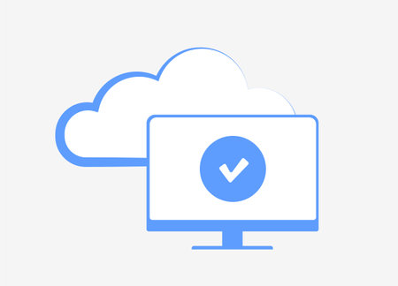 Computer monitor with checkmark symbolizing success and cloud behind it, conveying concept of secure and convenient cloud storage solutions. Backup or download of backup data completed successfullyのイラスト素材