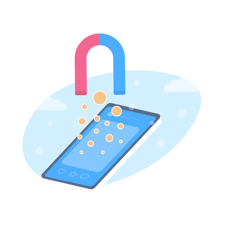 Social media marketing concept. Huge magnet attracting money from social network open on smartphone screen, symbolizing the power of earning through technology. Online platforms for wealth generationのイラスト素材