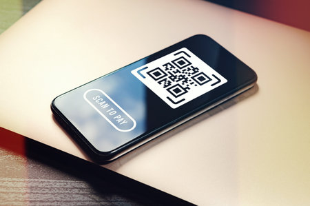 QR Code Payment - fast, secure and convenient contactless and cashless payment method using mobile smartphone app to scan QR codes. Emphasizing power of QR codes for secure and efficient transactionsの写真素材