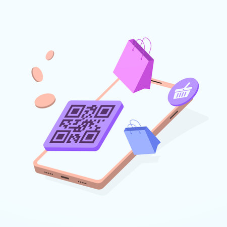 QR code payment - contactless, cashless and seamless transactions method. Ease of using QR codes for payments - simply scanning qr-code with mobile app. Vector illustration in flat designのイラスト素材