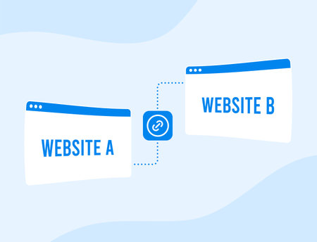 Backlinks concept - website links to another with anchor seo text link. Backlinks link building to improve positions in search engine ranking page. Digital marketing inbound website links conceptのイラスト素材