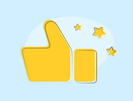 Yellow thumb up surrounded by stars outline flat design vector icon. Illustrating high rating or approval. Suitable for product reviews, customer feedback, and user ratingsのイラスト素材