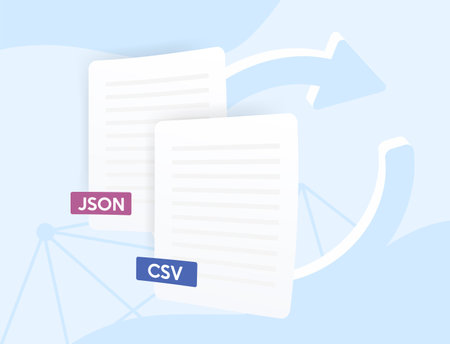 Json Csv converter concept. Two tables in different formats and circular arrow indicating the direction of conversion. Convert data between JSON and CSV formats vector illustrationのイラスト素材