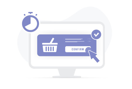 Speed Up Checkout concept. Improving ecommerce conversion digital marketing strategy. Fast checkout experiences illustration with basket, stopwatch and cursor clicking on button to complete the orderのイラスト素材