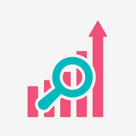 Growing graph with magnifying glass. Chart columns, highest one ends with up arrow. A magnifying glass superimposed on the graph symbolizes data analysis for business growth. SEO optimization conceptのイラスト素材
