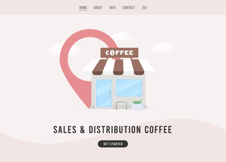 Coffee sale and distribution showcases cozy coffee shop with red map pin in the background, exuding warmth and familiarity. Sales and distribution coffee vector landing page template illustrationのイラスト素材