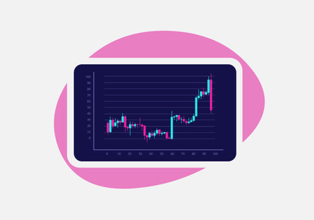 Stock market, forex trading graph with green and red japanese candlesticks on dark grey background for financial and business concept. Online trading technical analysis vector icon conceptのイラスト素材