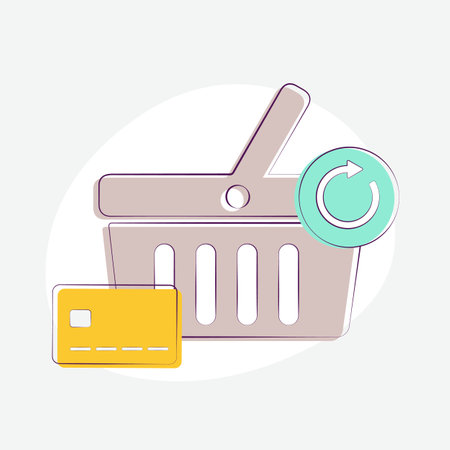 Optimize e-commerce checkout process with payment processing tools. Circular arrow and bank card icon signify seamless repetition, continuation, and completion shopping order. Abandonment cart conceptのイラスト素材