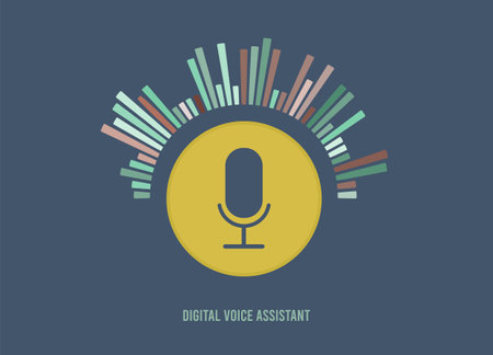 Voice assistant concept with microphone icon and sound wave design. Equalizer wave flow background represents voice and sound recognition. Personal assistant and voice recognition vector conceptの素材
