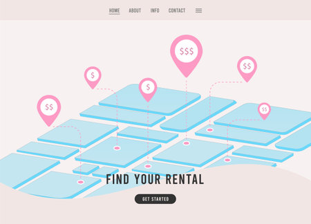Find your rental - Gentrification and relocation landing page template concept. Map with red pins located on it with the price indicated in dollarsのイラスト素材