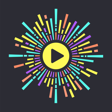 Audio equalizer music with circle audio waves icon. Round play button surrounded by colorful stripes of circular sound equalizer. Illustration for promoting music events, podcasts or audio productsのイラスト素材