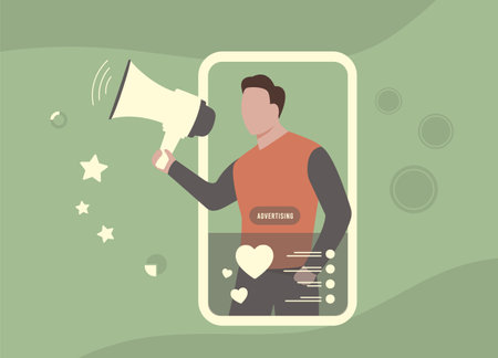Social Video Advertising content - man influencer with megaphone promoting products in vertical video social media app. Businesses use this trend to effectively reach target audiences and boost salesのイラスト素材