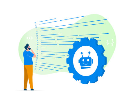 AI code generator with ai-powered coding chatbot concept. Man person looks at piece of code or text generated by artificial intelligence and checks for errors and compliance with specified conditionsのイラスト素材
