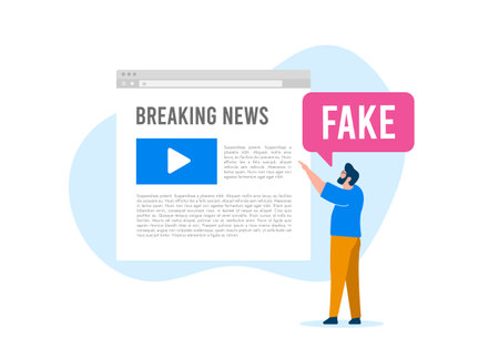 Fake news concept. Man points finger at online news article and yelling fake. Misinformation, disinformation and propaganda in online news media, where false information is spreadのイラスト素材