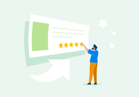Boost business with positive customer feedback and 5-star ratings. Maximize satisfaction and success with performance reviews.のイラスト素材