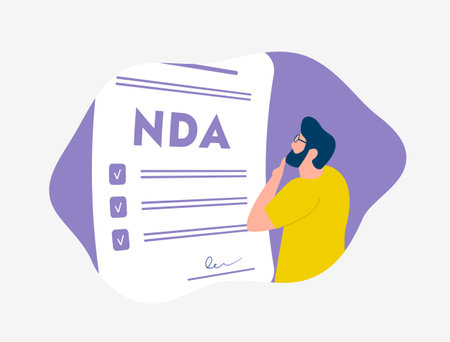 NDA - Non-Disclosure Agreement illustration. Confidentiality contract between employee and employer. Protect proprietary information. Privacy and confidentiality agreement document with signatureのイラスト素材