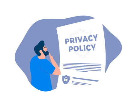 Privacy Policy concept. Safeguard confidential information with comprehensive privacy policy contract. Ensure cyber security and protect business data access. Stay compliant with privacy regulationsのイラスト素材