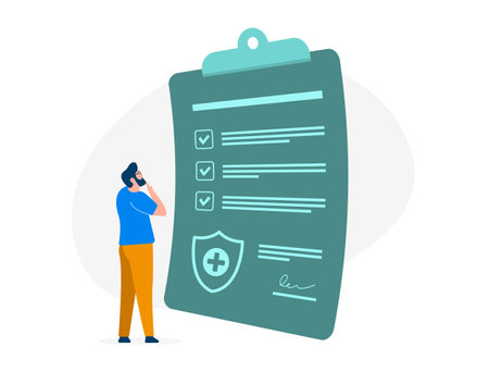 Health insurance and prescription concept. Patient reviews document carefully. Secure your health with insurance. Trustworthy medical prescriptionsのイラスト素材
