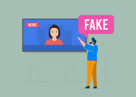 Fight fake news and misinformation. Man exposes false TV news, promoting truth. Vector illustration conceptのイラスト素材