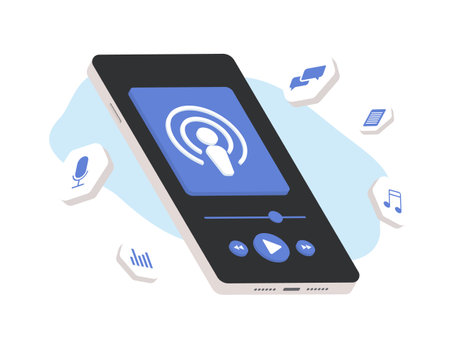 Discover world of podcasting and streaming with mobile podcast applications. Isometric flat design in pastel colors showcases podcast app on the phone screen. Vector illustration for creative projectsのイラスト素材