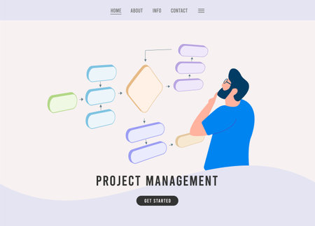 Efficient project management website template. Streamline workflows, analyze schemes and develop software with modular block structuresのイラスト素材