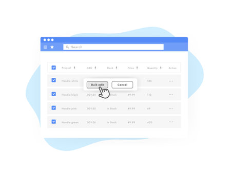 Marketplace Inventory Management system concept. Bulk editor option modal window to quickly change price, quantity or availability of goods in online marketplaceのイラスト素材