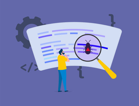 Software bug concept. Optimize and debug code mobile app, QA software dev, test and fix code application concept. Bug detection software vector illustrationのイラスト素材