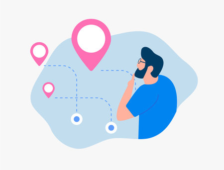 Online Order Delivery concept. Efficient Self-Delivery Warehouses and offline stores. Man character chooses point of receiving the order on the map with red pin buttons.のイラスト素材