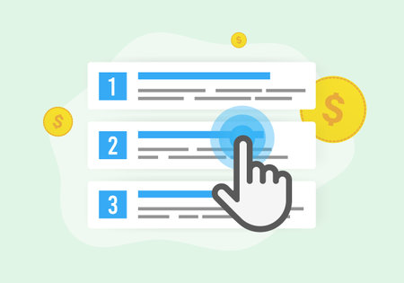 Contextual Advertising in Digital Marketing. Effective Display of Targeted PPC Ads. Business-Focused Flat Vector Illustration with Highlighted Contextual Advertising Among Search Resultsのイラスト素材