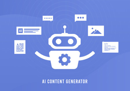 AI Content Generator concept. AI Social Media Automation for SEO articles, programming code, ai creation text, pictures and advertising for social media and smm content marketingのイラスト素材