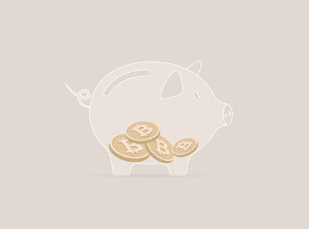 Hodl or hold Bitcoin cryptocurrency concept. Several bitcoin coins lie inside piggy bank, symbolizing hodl or storage and long-term investment in deflationary electronic cryptocurrencyのイラスト素材