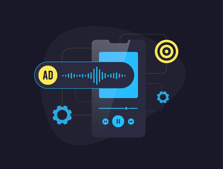 Monetize audio content with audio advertising concept illustration. Selling and insertion of programmatic audio ads in media content - podcasts, streaming music, digital radioのイラスト素材