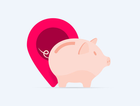 Piggy bank with map pointer concept. Vector isolated illustration on white background with iconsのイラスト素材