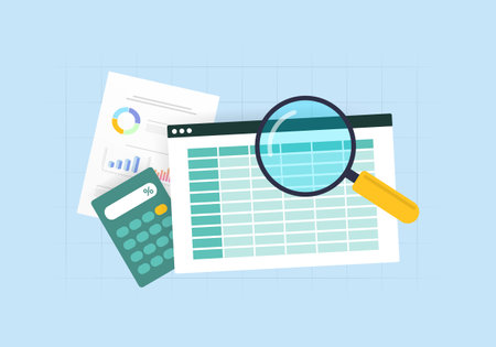 Professional Accounting and Finance Audit. Calculating Budget, Profit, Loss, Generating Reports and Graphs. Business Accountants with Tools. Vector isolated illustration on blue background with iconsのイラスト素材